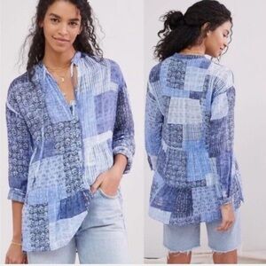 Pilcro/Anthropologie Blue and White Floral Patchwork Tiered Blouse - Size Small